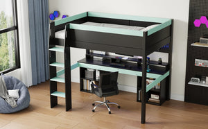 English Elm Full Size Gaming Loft Bed with LED Lights Pegboard Desk and Open Storage Shelving Black+Blue N7090005054C