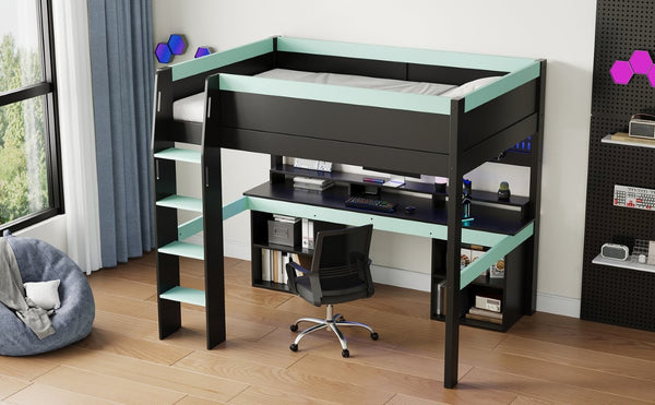 English Elm Full Size Gaming Loft Bed with LED Lights Pegboard Desk and Open Storage Shelving Black+Blue N7090005054C