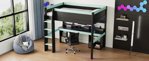 English Elm Full Size Gaming Loft Bed with LED Lights Pegboard Desk and Open Storage Shelving Black+Blue N7090005054C