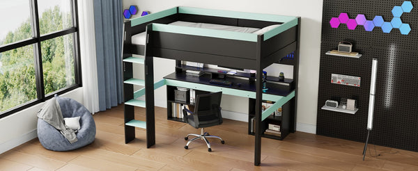English Elm Full Size Gaming Loft Bed with LED Lights Pegboard Desk and Open Storage Shelving Black+Blue N7090005054C