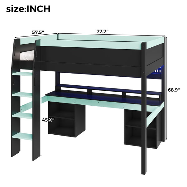 English Elm Full Size Gaming Loft Bed with LED Lights Pegboard Desk and Open Storage Shelving Black+Blue N7090005054C