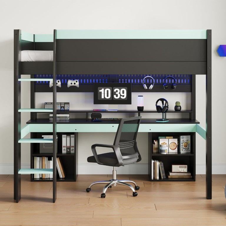 English Elm Full Size Gaming Loft Bed with LED Lights Pegboard Desk and Open Storage Shelving Black+Blue N7090005054C
