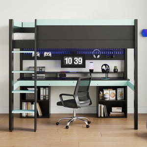 English Elm Full Size Gaming Loft Bed with LED Lights Pegboard Desk and Open Storage Shelving Black+Blue N7090005054C