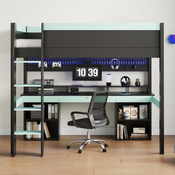 English Elm Full Size Gaming Loft Bed with LED Lights Pegboard Desk and Open Storage Shelving Black+Blue N7090005054C
