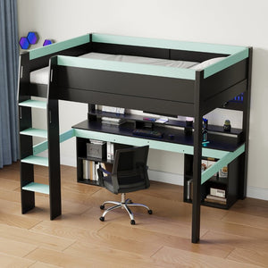 English Elm Full Size Gaming Loft Bed with LED Lights Pegboard Desk and Open Storage Shelving Black+Blue N7090005054C
