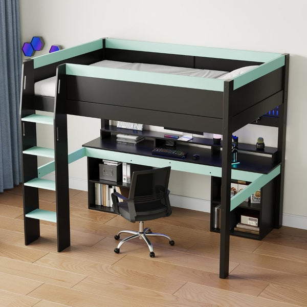 English Elm Full Size Gaming Loft Bed with LED Lights Pegboard Desk and Open Storage Shelving Black+Blue N7090005054C