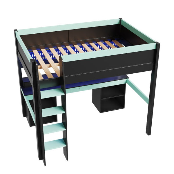English Elm Full Size Gaming Loft Bed with LED Lights Pegboard Desk and Open Storage Shelving Black+Blue N7090005054C