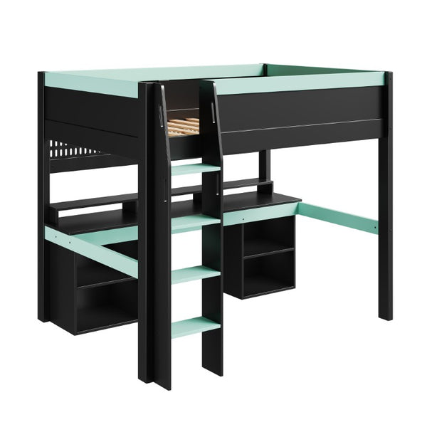 English Elm Full Size Gaming Loft Bed with LED Lights Pegboard Desk and Open Storage Shelving Black+Blue N7090005054C