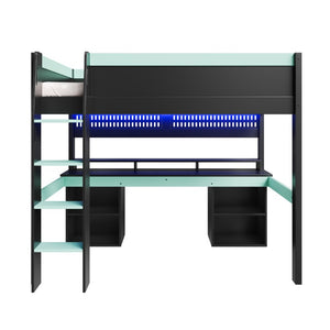 English Elm Full Size Gaming Loft Bed with LED Lights Pegboard Desk and Open Storage Shelving Black+Blue N7090005054C