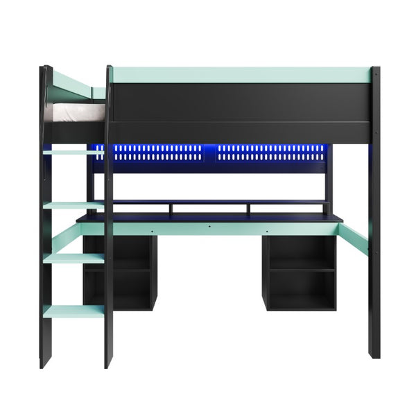 English Elm Full Size Gaming Loft Bed with LED Lights Pegboard Desk and Open Storage Shelving Black+Blue N7090005054C
