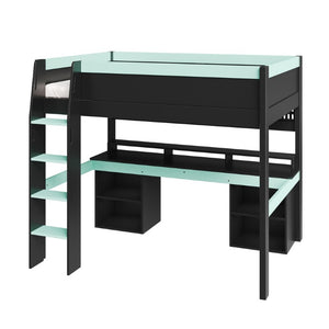 English Elm Full Size Gaming Loft Bed with LED Lights Pegboard Desk and Open Storage Shelving Black+Blue N7090005054C
