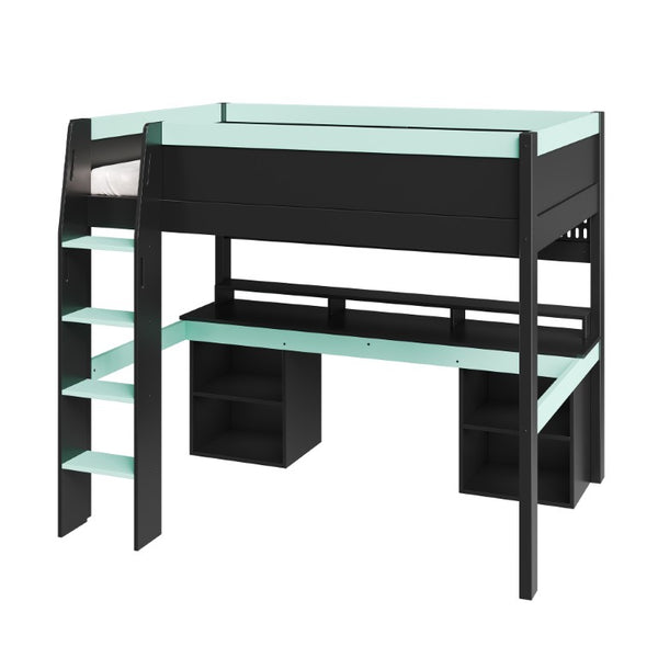 English Elm Full Size Gaming Loft Bed with LED Lights Pegboard Desk and Open Storage Shelving Black+Blue N7090005054C