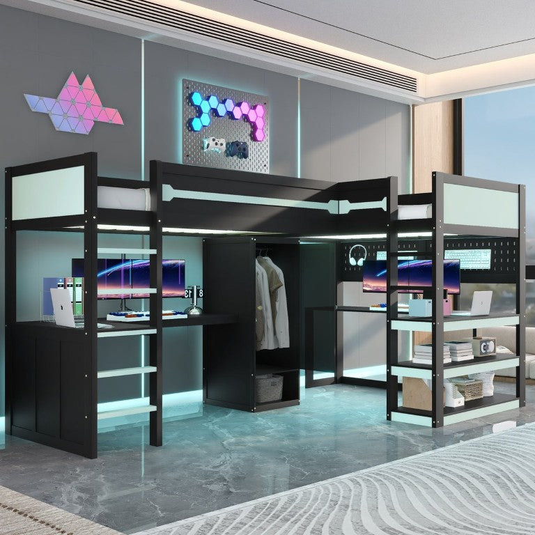 English Elm Twin L-Shaped Gaming Loft Bed with LED Lighting USB Ports Pegboard and Wardrobe Storage Black+Blue N7090005055C
