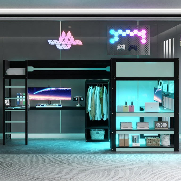 English Elm Twin L-Shaped Gaming Loft Bed with LED Lighting USB Ports Pegboard and Wardrobe Storage Black+Blue N7090005055C