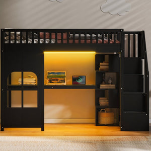 English Elm Twin Loft Bed with Storage Staircase Open Shelves and Playhouse Window Panel Black N7090005056B