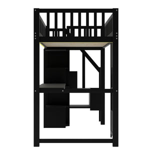English Elm Twin Loft Bed with Storage Staircase Open Shelves and Playhouse Window Panel Black N7090005056B
