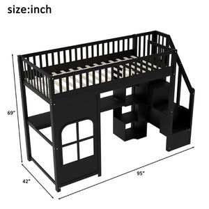 English Elm Twin Loft Bed with Storage Staircase Open Shelves and Playhouse Window Panel Black N7090005056B