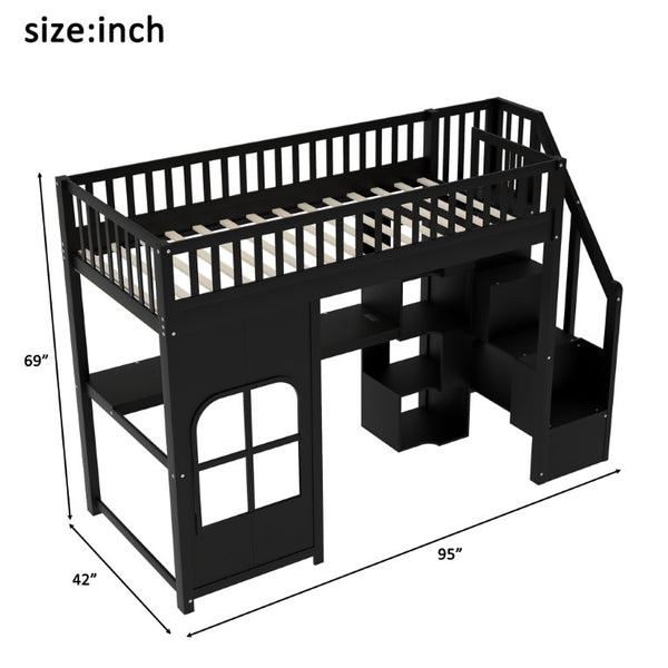 English Elm Twin Loft Bed with Storage Staircase Open Shelves and Playhouse Window Panel Black N7090005056B