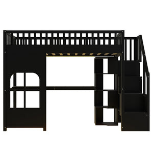 English Elm Twin Loft Bed with Storage Staircase Open Shelves and Playhouse Window Panel Black N7090005056B