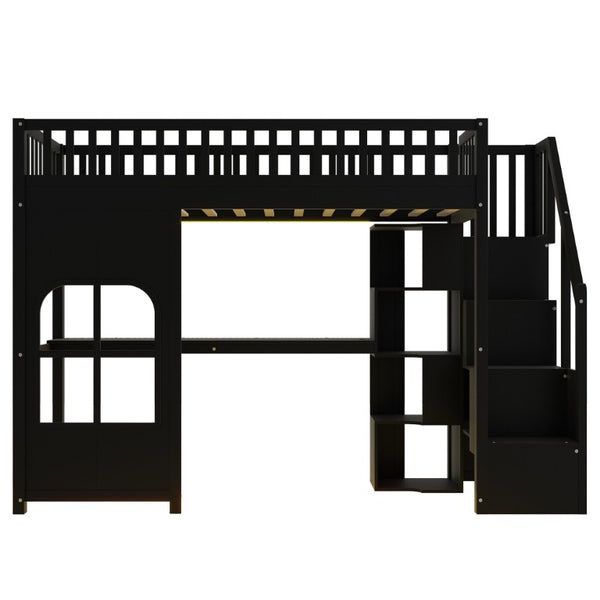 English Elm Twin Loft Bed with Storage Staircase Open Shelves and Playhouse Window Panel Black N7090005056B