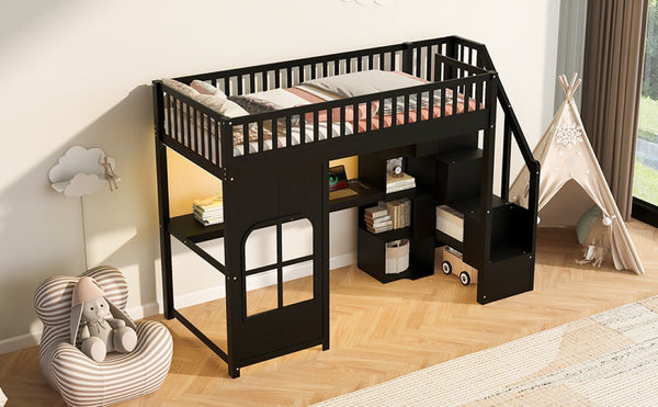 English Elm Twin Loft Bed with Storage Staircase Open Shelves and Playhouse Window Panel Black N7090005056B