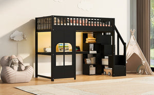 English Elm Twin Loft Bed with Storage Staircase Open Shelves and Playhouse Window Panel Black N7090005056B