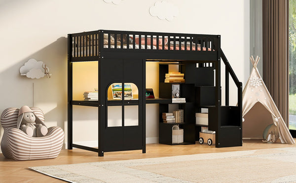 English Elm Twin Loft Bed with Storage Staircase Open Shelves and Playhouse Window Panel Black N7090005056B