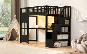 English Elm Twin Loft Bed with Storage Staircase Open Shelves and Playhouse Window Panel Black N7090005056B