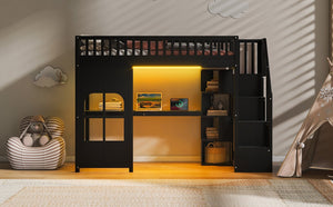 English Elm Twin Loft Bed with Storage Staircase Open Shelves and Playhouse Window Panel Black N7090005056B