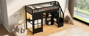 English Elm Twin Loft Bed with Storage Staircase Open Shelves and Playhouse Window Panel Black N7090005056B
