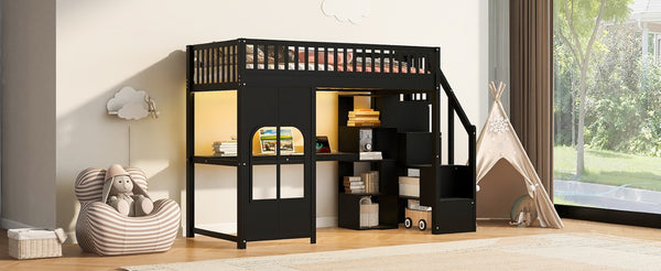 English Elm Twin Loft Bed with Storage Staircase Open Shelves and Playhouse Window Panel Black N7090005056B