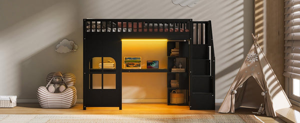 English Elm Twin Loft Bed with Storage Staircase Open Shelves and Playhouse Window Panel Black N7090005056B