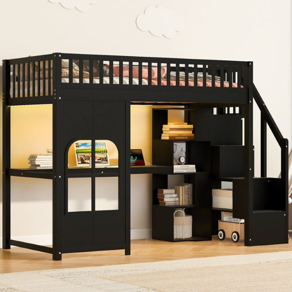 English Elm Twin Loft Bed with Storage Staircase Open Shelves and Playhouse Window Panel Black N7090005056B