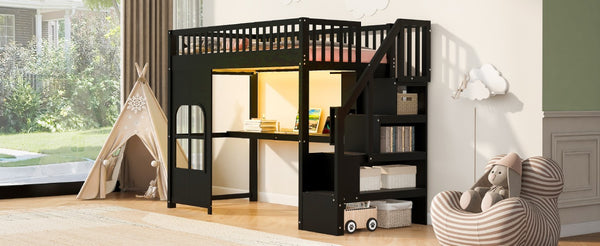 English Elm Twin Loft Bed with Storage Staircase Open Shelves and Playhouse Window Panel Black N7090005056B