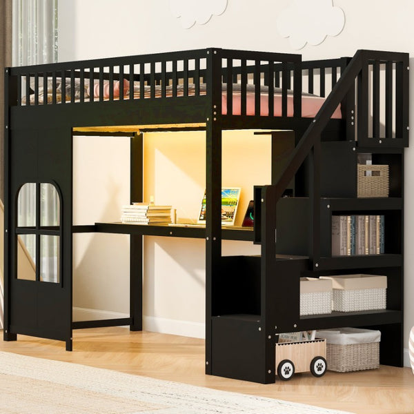 English Elm Twin Loft Bed with Storage Staircase Open Shelves and Playhouse Window Panel Black N7090005056B