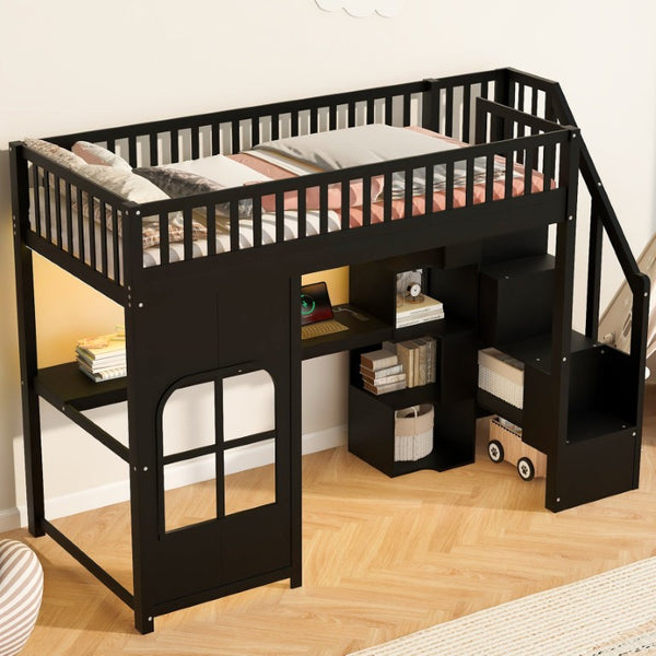 English Elm Twin Loft Bed with Storage Staircase Open Shelves and Playhouse Window Panel Black N7090005056B
