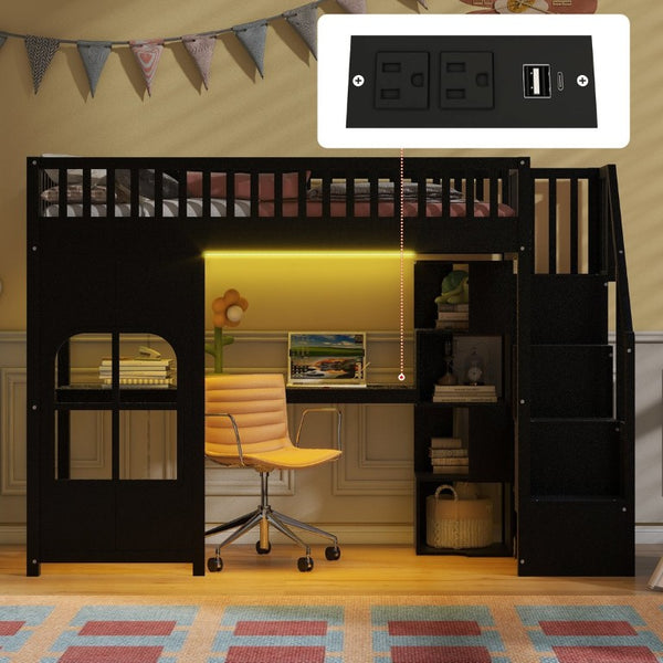 English Elm Twin Loft Bed with Storage Staircase Open Shelves and Playhouse Window Panel Black N7090005056B