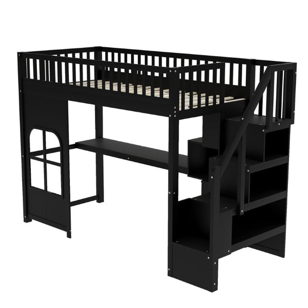English Elm Twin Loft Bed with Storage Staircase Open Shelves and Playhouse Window Panel Black N7090005056B