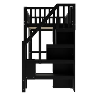 English Elm Twin Loft Bed with Storage Staircase Open Shelves and Playhouse Window Panel Black N7090005056B