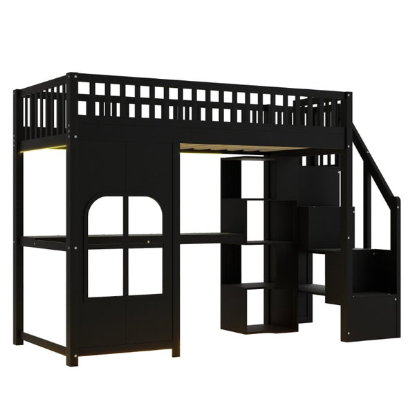 English Elm Twin Loft Bed with Storage Staircase Open Shelves and Playhouse Window Panel Black N7090005056B