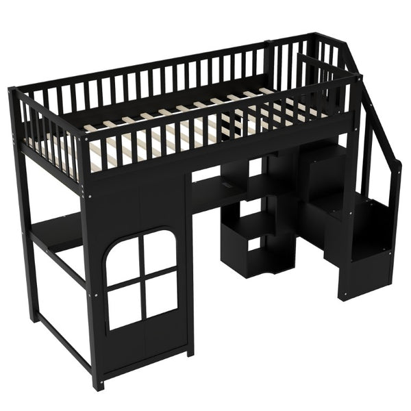English Elm Twin Loft Bed with Storage Staircase Open Shelves and Playhouse Window Panel Black N7090005056B