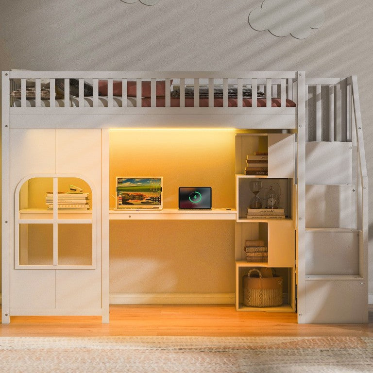 English Elm Twin Loft Bed with Storage Staircase Open Shelves and Playhouse Window Panel White N7090005056K