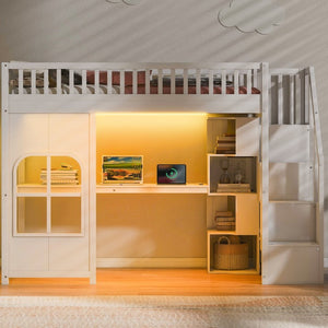 English Elm Twin Loft Bed with Storage Staircase Open Shelves and Playhouse Window Panel White N7090005056K