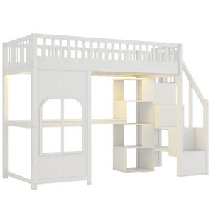 English Elm Twin Loft Bed with Storage Staircase Open Shelves and Playhouse Window Panel White N7090005056K