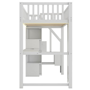 English Elm Twin Loft Bed with Storage Staircase Open Shelves and Playhouse Window Panel White N7090005056K