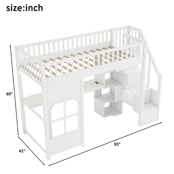 English Elm Twin Loft Bed with Storage Staircase Open Shelves and Playhouse Window Panel White N7090005056K