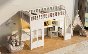 English Elm Twin Loft Bed with Storage Staircase Open Shelves and Playhouse Window Panel White N7090005056K