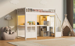 English Elm Twin Loft Bed with Storage Staircase Open Shelves and Playhouse Window Panel White N7090005056K