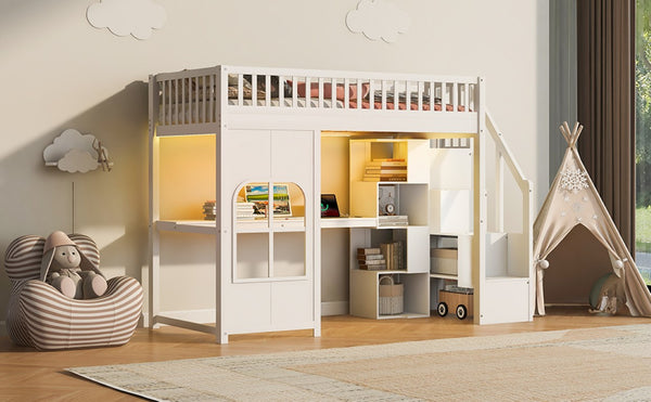 English Elm Twin Loft Bed with Storage Staircase Open Shelves and Playhouse Window Panel White N7090005056K