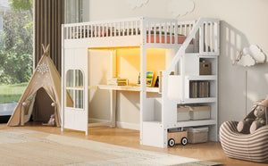 English Elm Twin Loft Bed with Storage Staircase Open Shelves and Playhouse Window Panel White N7090005056K